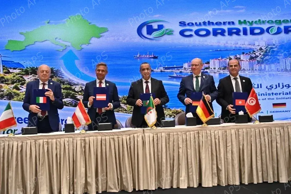 Иллюстрация: маршрут SoutH2 Corridor и флаги Алжира, Туниса, Италии, Австрии и Германии / Illustration: the SoutH2 Corridor route and the flags of Algeria, Tunisia, Italy, Austria and Germany
